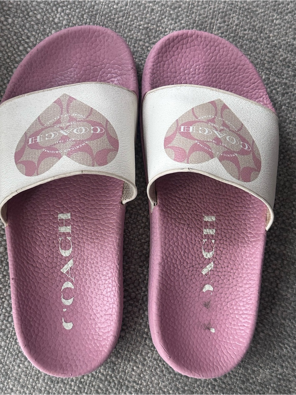 Coach Pink and White Logo Heart Slide Sandals